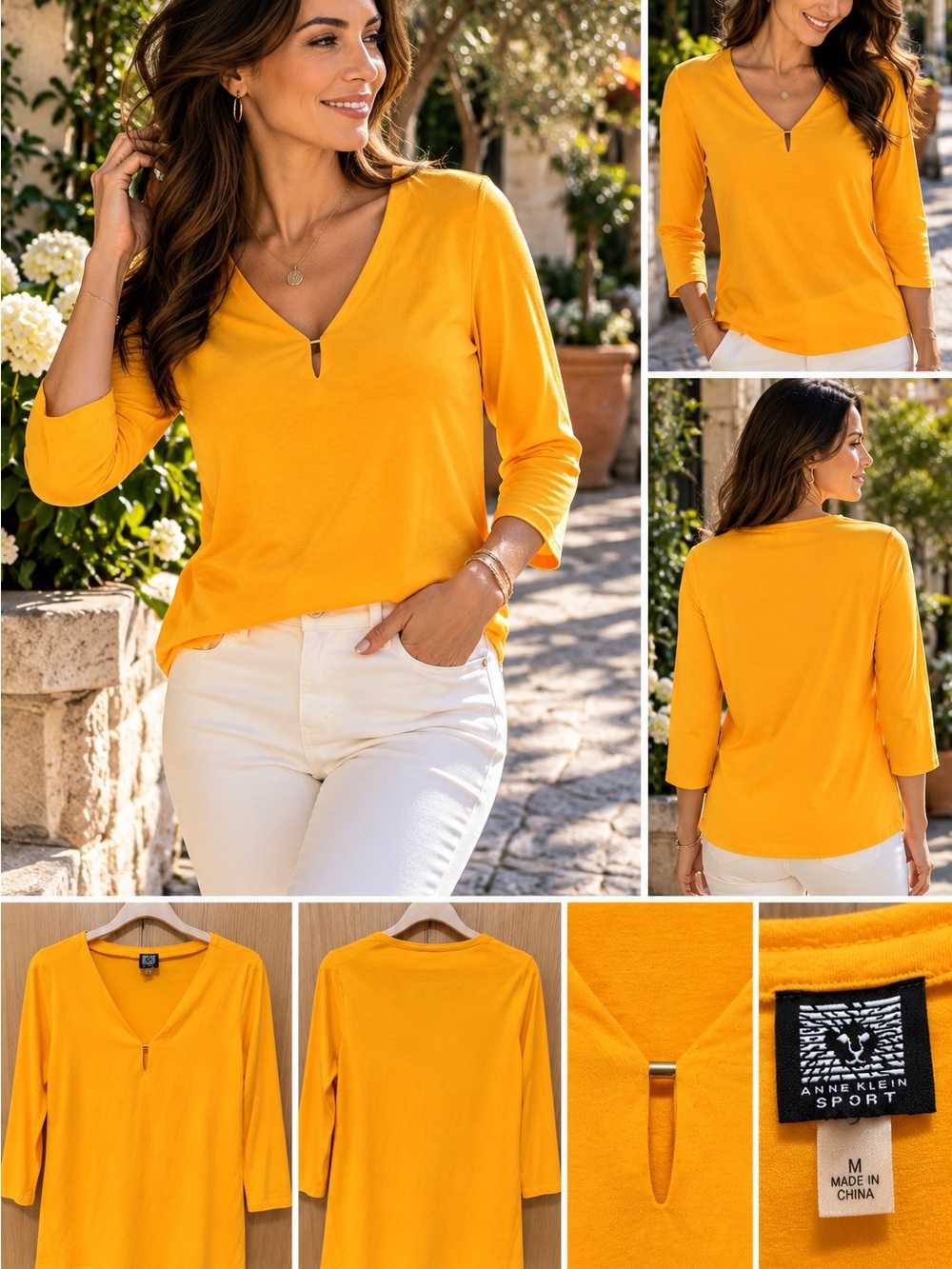 Anne Klein Golden Yellow V-Neck 3/4 Sleeve Knit Top
